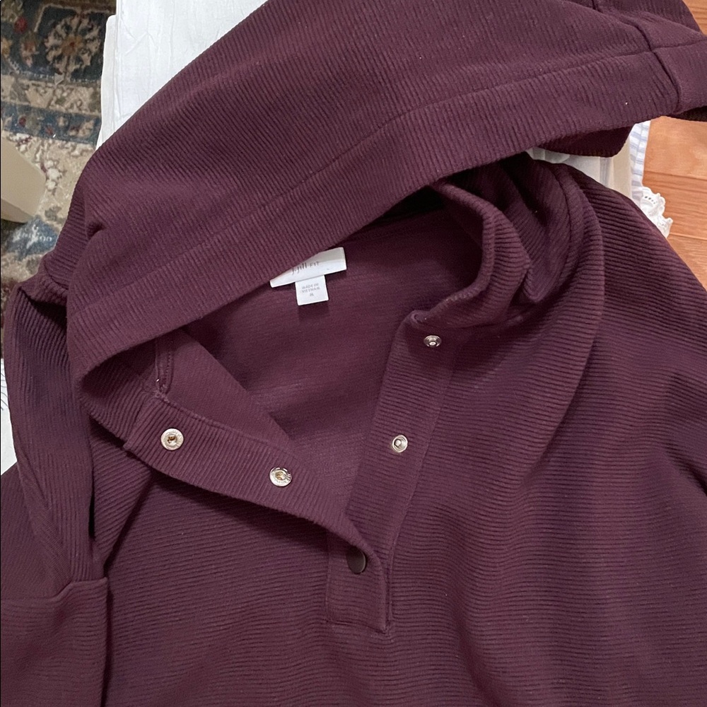 J. Jill Fit Dark Plum Ribbed Henley Style Tunic Length Hoodie in size M